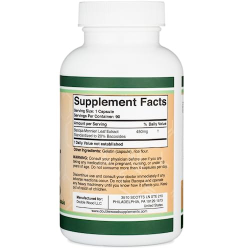 Bacopa Monnieri Capsules 20% Bacosides 450mg, 90 Count (Manufactured in USA Double Wood SupplementsBuy Supplements Australia