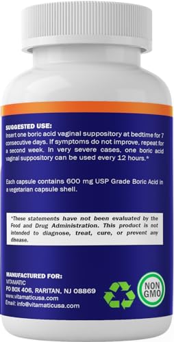 Vitamatic Boric Acid Vaginal Suppositories 600 mg USP Grade Boric Acid in Vegetarian Capsule Shell - 60 Count VitamaticBuy Supplements Australia
