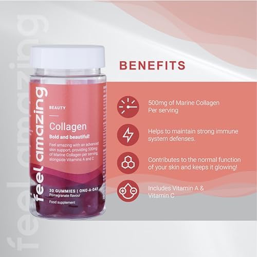Collagen Gummies with Vitamins A and C, 500mg of Marine Collagen Per Serving, Advanced Skin Support, Feel AmazingBuy Supplements Australia