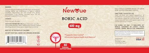 NewVue Boric Acid Vaginal Suppositories (600mg, 60 Count) Supports Vaginal pH Balance, Odor Control (USP Medical Grade Fine Powder, Easy Dissolve, Third Party Tested, Made in USA) NewVueBuy Supplements Australia