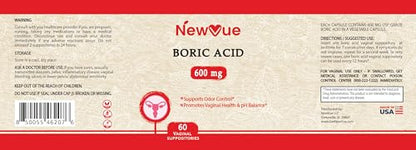 NewVue Boric Acid Vaginal Suppositories (600mg, 60 Count) Supports Vaginal pH Balance, Odor Control (USP Medical Grade Fine Powder, Easy Dissolve, Third Party Tested, Made in USA) NewVueBuy Supplements Australia