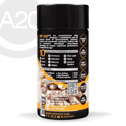 HCF A20 Microbead Brain Health Supplements for Adults for Memory, Focus, Calm, Mood, Alertness, Attention, Vision, Sleep, Immune System, 20 Premium Nootropic Nutrients Multivitamin & 7 Advances® Tech HCFBuy Supplements Australia