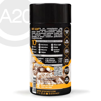 HCF A20 Microbead Brain Health Supplements for Adults for Memory, Focus, Calm, Mood, Alertness, Attention, Vision, Sleep, Immune System, 20 Premium Nootropic Nutrients Multivitamin & 7 Advances® Tech HCFBuy Supplements Australia