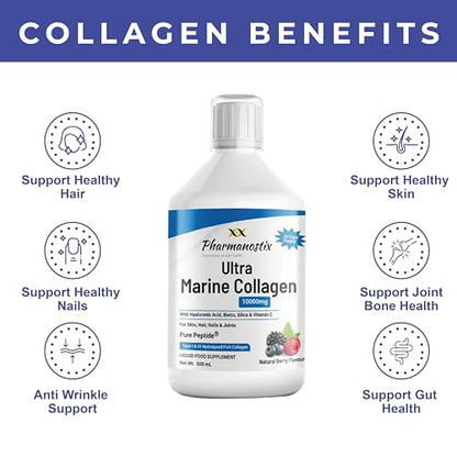Marine Collagen Liquid 10000mg Sugar Free Berry Flavour, Hydrolysed Peptides, Hyaluronic Acid, Biotin, Silica, Vitamin C, Healthy Skin PharmanostixBuy Supplements Australia