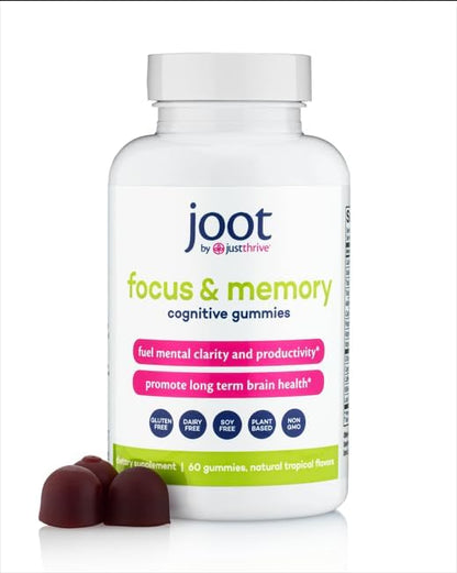 Bottle of Joot cognitive gummies for focus and memory on a white background