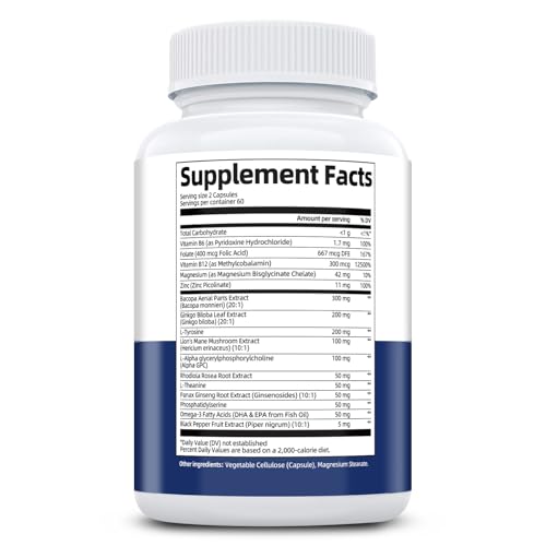 Brain Supplements for Memory & Focus - Nootropic with Bacopa Monnieri, Lion's Mane, Alpha GPC, Phosphatidylserine | Supports Mental Clarity & Cognitive Function | Vitamin B6 & B12-120 Capsules MigcopatBuy Supplements Australia