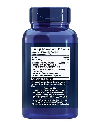 Life Extension Ashwagandha Plus Calm & Focus, ashwagandha Extract, Spearmint Extract, Focus, Attention, Relaxation, Advanced Formula, 60 Vegetarian Capsules Life ExtensionBuy Supplements Australia
