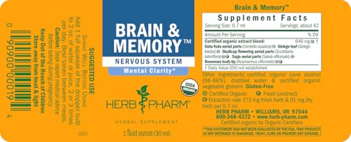 Herb Pharm Organic Nootropic Brain & Memory Supplement with Ginkgo Biloba Liquid Extract: Fast Absorption for Mental Focus Support, Ginkgo Supplement, Vegan, Gluten-Free, Non-GMO, 1 Oz Herb PharmBuy Supplements Australia