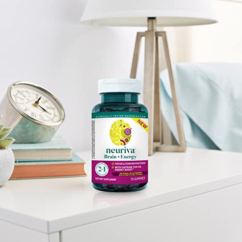 NEURIVA Brain + Energy Gummies, Nootropic Brain Supplements for Focus and Concentration with Neurofactor, Vitamin B12 & Caffeine for an Energy Boost*, 75ct Natural BlackBerry NEURIVABuy Supplements Australia