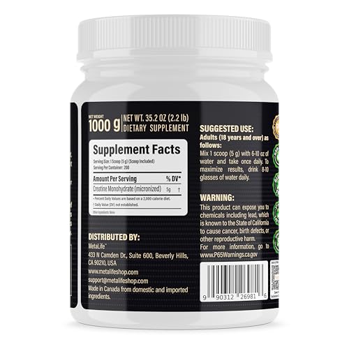 METALIFE 100% Pure Creatine Monohydrate Powder, Canada-Made, 1000 g (200 Servings) Micronized Powder, Muscle Growth, Unflavored, Ideal for Athletes & Fitness Enthusiasts, Third party lab tested, Vegan METALIFEBuy Supplements Australia