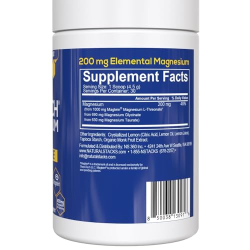 Magtein Magnesium L-Threonate, Glycinate & Taurate - MagTech Magnesium Powder - Sugar Free Lemonade Drink - 200mg Chelated Triple Complex - Supports Relaxation & Brain Health* - 30 Servings NATURAL STACKSBuy Supplements Australia