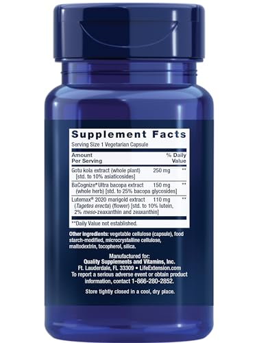 Life Extension Quick Brain Nootropic, Fast Thinking, Learning, Concentration, Lutein, zeaxanthin, gotu kola, bacopa, Gluten Free, Non-GMO, Vegetarian, 1 Daily, 30 Capsules Life ExtensionBuy Supplements Australia