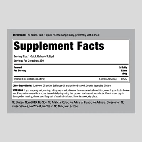 Piping Rock Vitamin D3 5000 IU | 250 Softgels | High Potency Supplement | Non-GMO Piping RockBuy Supplements Australia