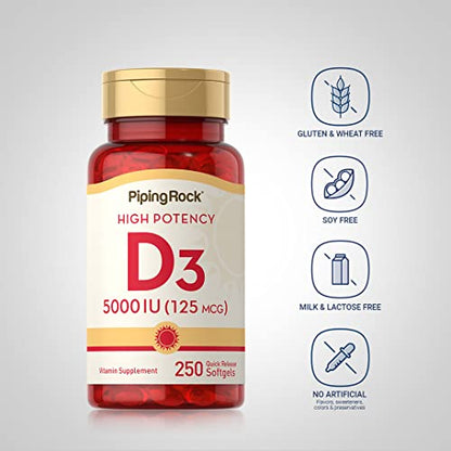 Piping Rock Vitamin D3 5000 IU | 250 Softgels | High Potency Supplement | Non-GMO Piping RockBuy Supplements Australia