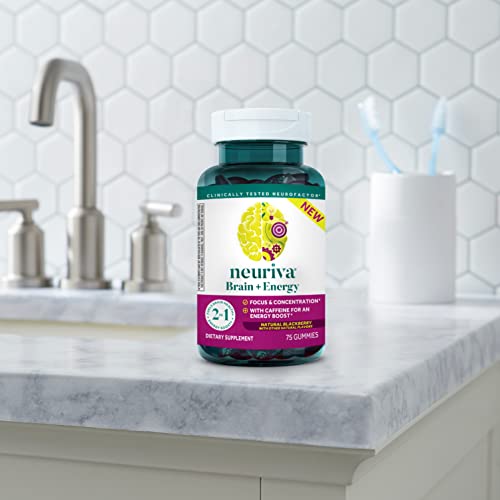 NEURIVA Brain + Energy Gummies, Nootropic Brain Supplements for Focus and Concentration with Neurofactor, Vitamin B12 & Caffeine for an Energy Boost*, 75ct Natural BlackBerry NEURIVABuy Supplements Australia