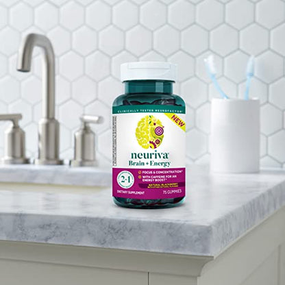 NEURIVA Brain + Energy Gummies, Nootropic Brain Supplements for Focus and Concentration with Neurofactor, Vitamin B12 & Caffeine for an Energy Boost*, 75ct Natural BlackBerry NEURIVABuy Supplements Australia
