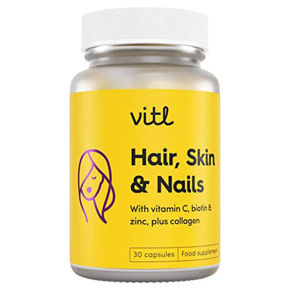 VITL Hair, Skin & Nails + Collagen, A dose of Classic Complexion Heroes Such as Collagen, Vitamin E, Biotin and Zinc | 30 Capsules VITLBuy Supplements Australia
