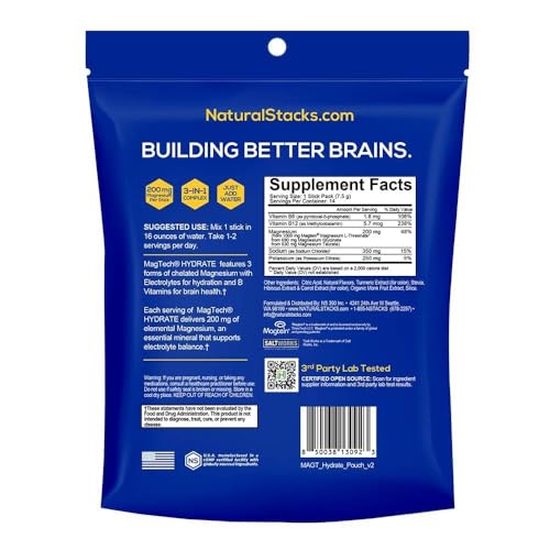 MagTech Magnesium Hydrate Packets - Sugar Free Hydration Powder - Magtein Magnesium L-Threonate, Glycinate & Taurate - 200mg Chelated Triple Complex - Supports Hydration & Brain Health* - 14 Servings NATURAL STACKSBuy Supplements Australia