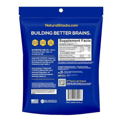 MagTech Magnesium Hydrate Packets - Sugar Free Hydration Powder - Magtein Magnesium L-Threonate, Glycinate & Taurate - 200mg Chelated Triple Complex - Supports Hydration & Brain Health* - 14 Servings NATURAL STACKSBuy Supplements Australia