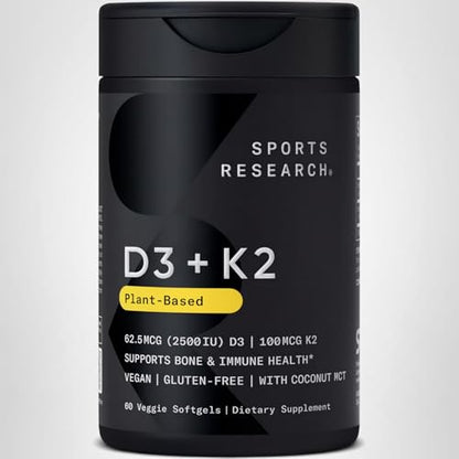 Sports Research® Vitamin D3 + K2 w/Coconut Oil - Vegan Vitamin D 2500iu (62.5mcg) & Mk7 Vitamin K 100mcg for Bone & Immune Support - Vegan Certified
