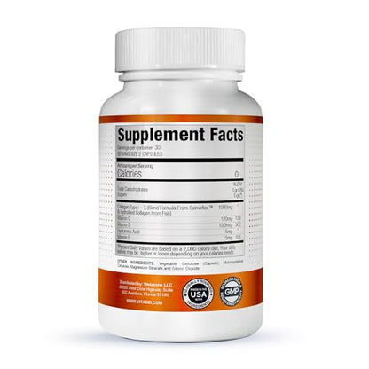 VITASEI Salmoflex Marine Collagen Peptides Pills W/Hyaluronic Acid, Vitamin C, D, E | Salmon Supplements - Hair, Skin, Nails | Multivitamin for Women & Men | Knee, Joint Relief - 60 Capsules VITASEIBuy Supplements Australia