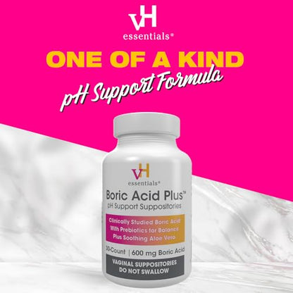 vH essentials Boric Acid Plus Vaginal Suppositories, Prebiotic Infused with Soothing Aloe Vera, pH vH essentialsBuy Supplements Australia