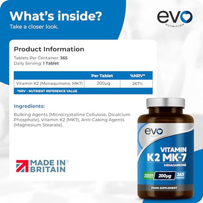EVO NUTRITION Vitamin K2 MK-7 200mcg | 365 Vegetarian and Vegan Tablets EVO NUTRITIONBuy Supplements Australia