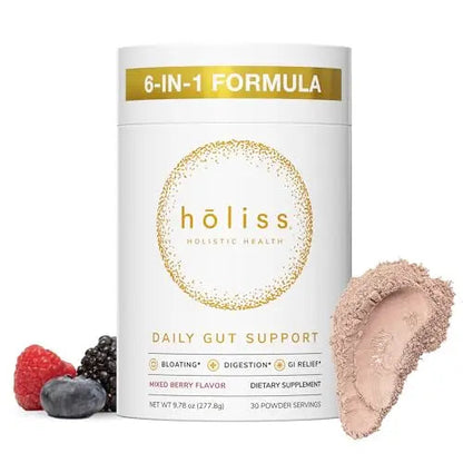 HOLISS Daily Gut Health Kit – 6-in-1 All Natural Supplement, Bloat & Gas Aid, GI Lining Repair, IBS Support – Lemon Balm, L-Glutamine, PepZinGI, Mixed Berry, 30 Servings, Electric Mixer & Spoon HOLISSBuy Supplements Australia