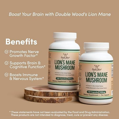 Lions Mane Supplement Mushroom Capsules (Two Month Supply - 120 Count) for Brain Double Wood SupplementsBuy Supplements Australia