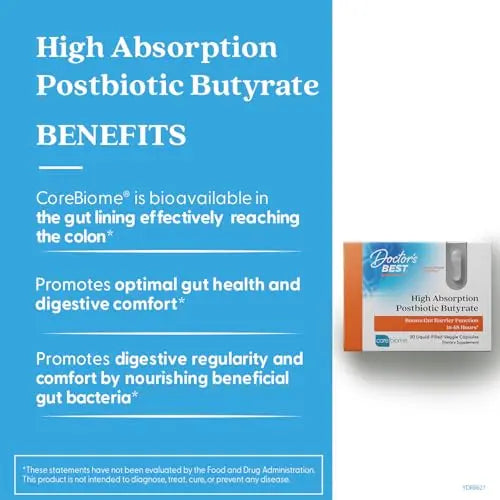 Doctor's BEST High Absorption Postbiotic Butyrate Featuring Corebiome, Gut & Immune Health, Non-GMO, Gluten Free, Soy Free, Vegan, 30 Liquid Veggie Caps Doctor's BESTBuy Supplements Australia
