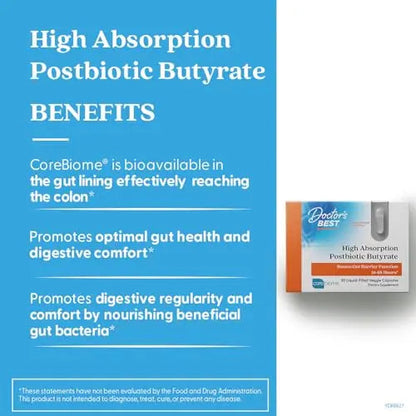 Doctor's BEST High Absorption Postbiotic Butyrate Featuring Corebiome, Gut & Immune Health, Non-GMO, Gluten Free, Soy Free, Vegan, 30 Liquid Veggie Caps Doctor's BESTBuy Supplements Australia