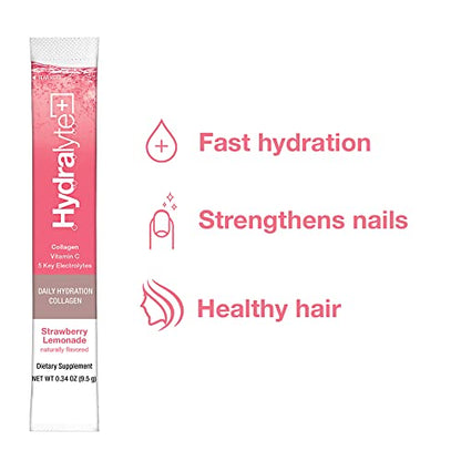 Hydralyte Plus Collagen Effervescent Electrolytes Powder Sachets - 20 Strawberry Lemonade Flavored Sticks HydralyteBuy Supplements Australia