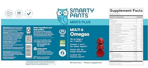 SmartyPants Men's Multivitamin Gummies - Improved Formula: Omega 3 (DHA/EPA), Methylfolate, Vitamin D3, C, Vitamin B12, B6, Vitamin A SmartyPants