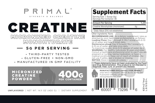 Primal Creatine Monohydrate Powder (400 Grams) | Unflavored Micronized Creatine PrimalBuy Supplements Australia