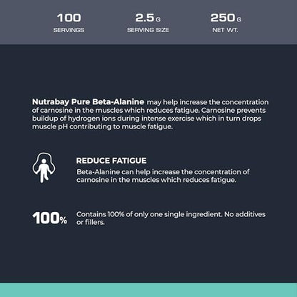 Nutrabay Pure 100% Beta Alanine Powder, Pre Workout supplement for Men & Women - 250g Unflavoured, 100 Servings