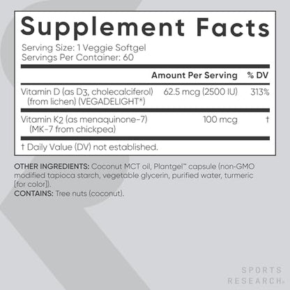 Sports Research Vitamin D3 K2 with Coconut MCT Oil | Vegan D3 2500iu (62.5mcg) Sports ResearchBuy Supplements Australia