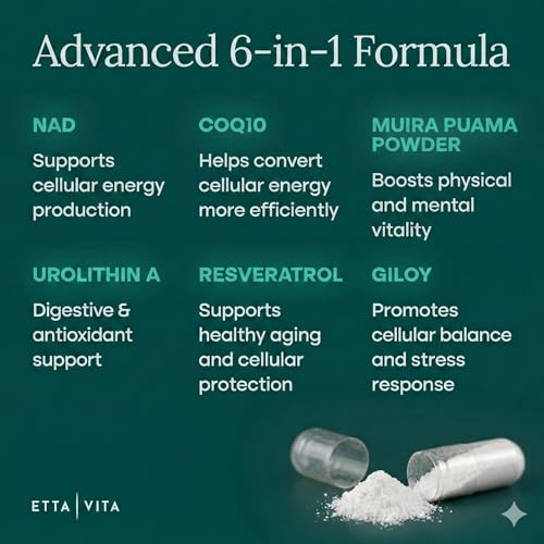 Liposomal NAD+ Supplement - Resveratrol, Urolithin A, CoQ10 & Muira Puama (Made in USA) NAD Supplement for Natural Energy, Brain Fog, Digestion, Detox, Gut Health, Microbiome, NR NMN Replacement Etta VitaBuy Supplements Australia