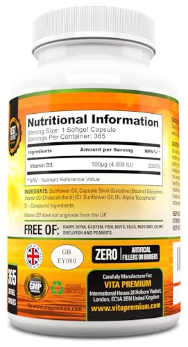 Vitamin D 4,000 IU Softgels, Maximum Strength Vitamin D3 Supplement, 365 Easy to Swallo Vita PremiumBuy Supplements Australia