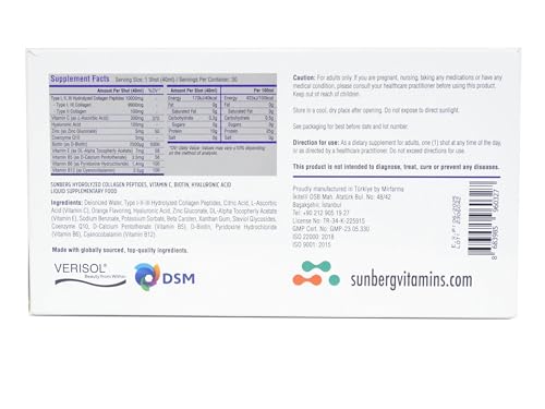 Sunberg Collagen Liquid Shots - 10000mg Collagen Supplement Type I,II,III Hyaluronic Acid BodygenixBuy Supplements Australia