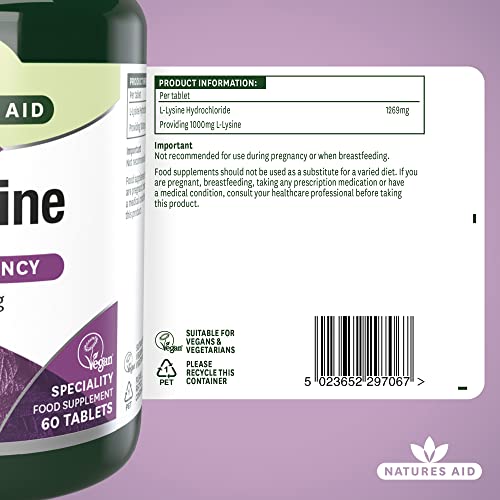 Natures Aid L-Lysine 1000 mg, High Potency Essential Amino Acid, Vegan, 60 Tablets natures aidBuy Supplements Australia