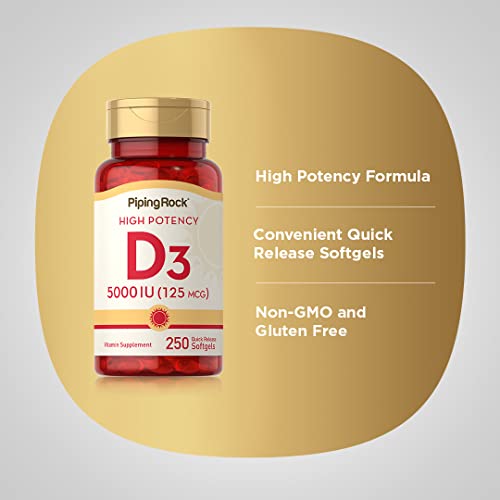 Piping Rock Vitamin D3 5000 IU | 250 Softgels | High Potency Supplement | Non-GMO Piping RockBuy Supplements Australia