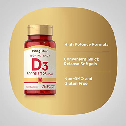 Piping Rock Vitamin D3 5000 IU | 250 Softgels | High Potency Supplement | Non-GMO Piping RockBuy Supplements Australia