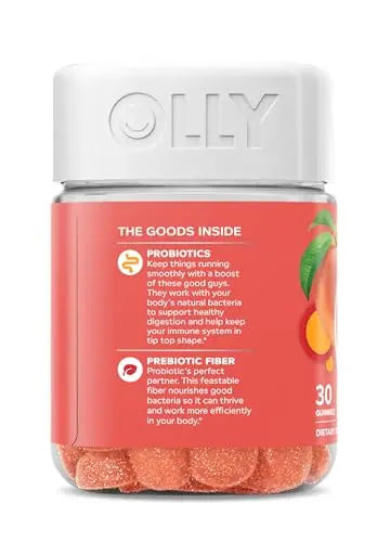 OLLY Probiotic + Prebiotic Gummy, Digestive Support and Gut Health, 500 Million CFUs, Fiber, Adult Chewable Supplement for Men and Women, Peach, 30 Day Supply - 30 Count OLLYBuy Supplements Australia