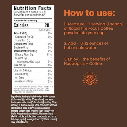 Focus Coffee Mushroom Blend, Nootropic Complex Coffee, Supports Alertness and Clarity, (Lion’s Mane, Cordyceps, Turkey Tail) Green Coffee Bean Instant Coffee for Focus & Gut Health, 30 Servings Rapid FireBuy Supplements Australia