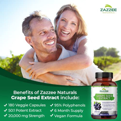 Zazzee High Strength Grape Seed 50:1 Extract, 20,000 mg Strength, 180 Vegan Capsules ZazzeeBuy Supplements Australia