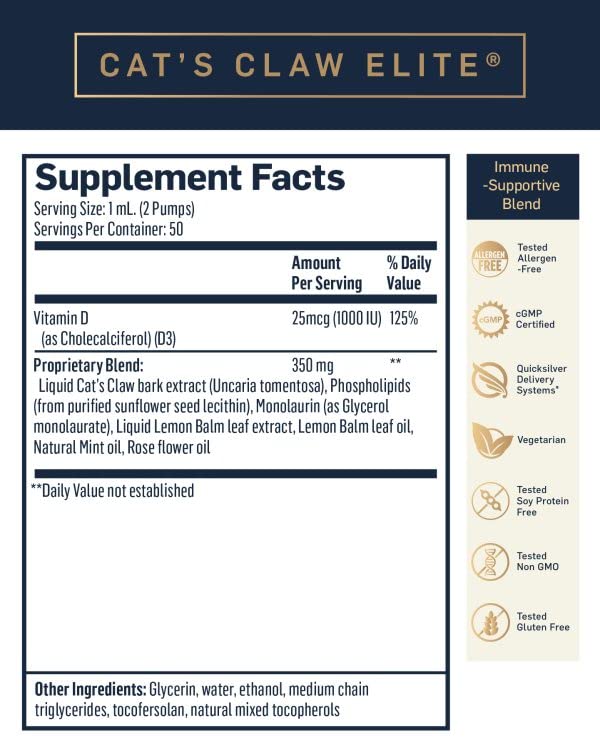 Quicksilver Scientific Nanoemulsified Cat's Claw - Liquid Immune Support Supplement with Uncaria tomentosa, 1000 IU Vitamin D + Monolaurin - Vegan + Superior Liposomal Absorption (1.7oz / 50ml) Quicksilver ScientificBuy Supplements Australia