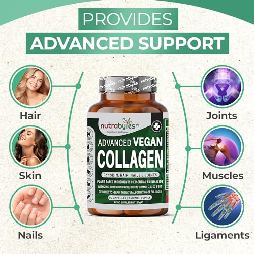 Vegan Collagen Supplement For Skin, Hair, Nails, Joints & Bones with Hyaluronic Acid, Biotin, Lysine, Bamboo Silica, Zinc, Vitamin C, D3, B12, E NUTRABYTESBuy Supplements Australia