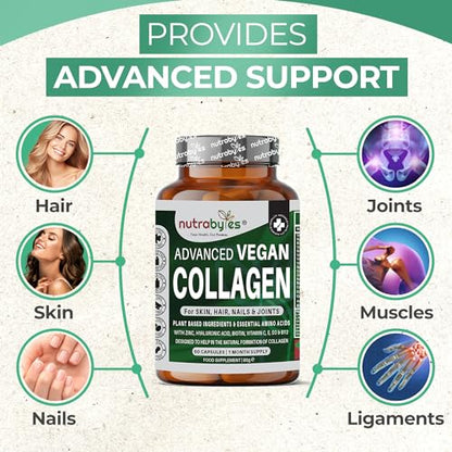 Vegan Collagen Supplement For Skin, Hair, Nails, Joints & Bones with Hyaluronic Acid, Biotin, Lysine, Bamboo Silica, Zinc, Vitamin C, D3, B12, E NUTRABYTESBuy Supplements Australia
