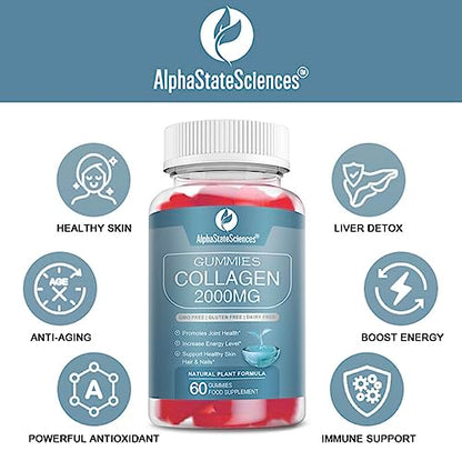 **New**Advanced Collagen Gummies 2000mg - Promote Skin Elasticity, Hair Growth, and Joint Health - Delicious Berry AlphaStateSciencesBuy Supplements Australia