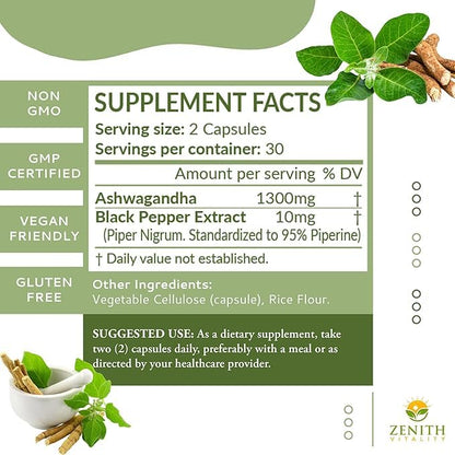 Zenith Vitality Ashwagandha 1300mg Capsules – Stress Relief & Cortisol Support, Immune & Energy Boost, Mental Clarity, Herbal Adaptogen Supplement – 60 Count Zenith VitalityBuy Supplements Australia